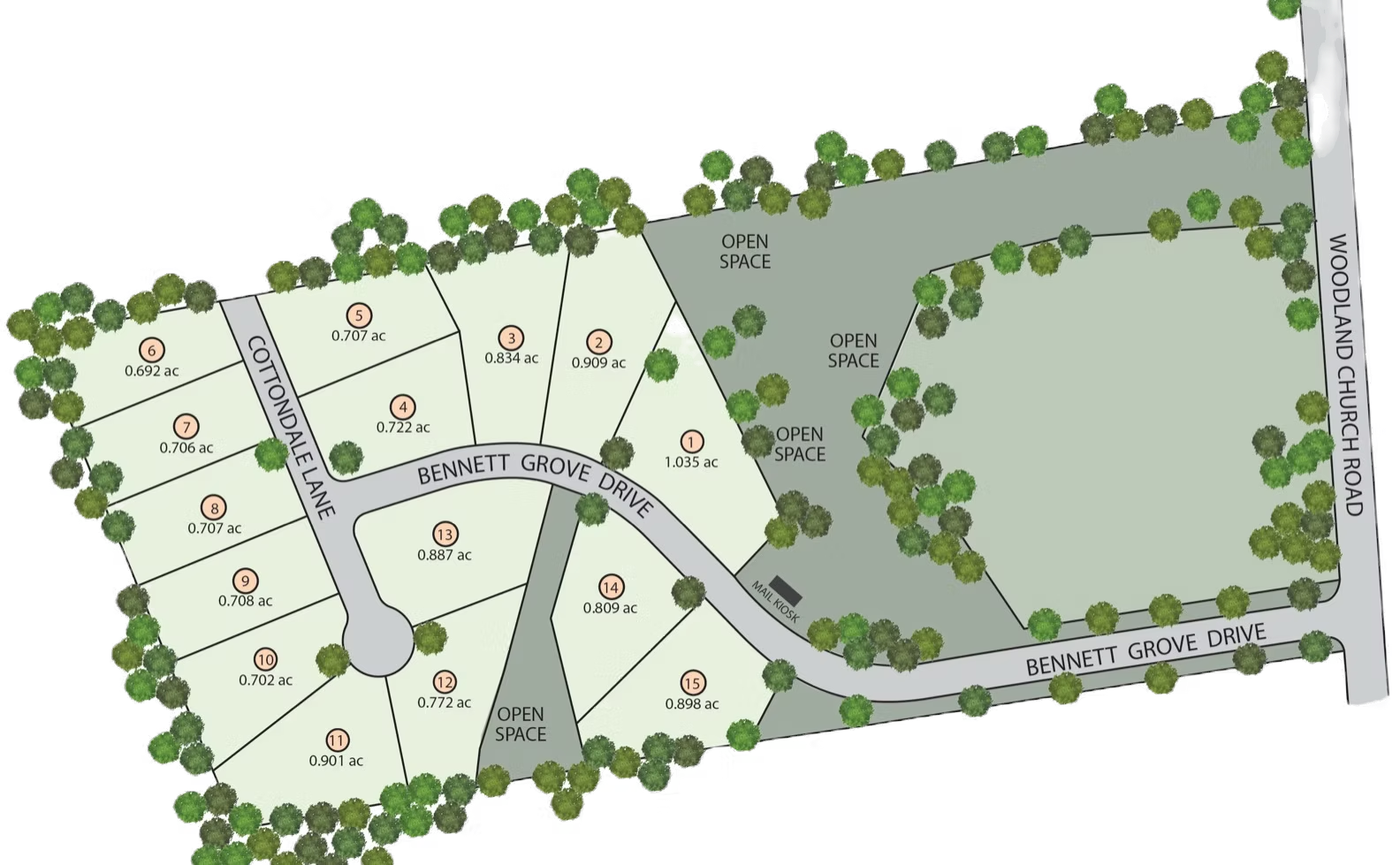 Aubrie Place site plan — 15 homesites with lot numbers and acreage along Bennett Grove Drive and Cottondale Lane